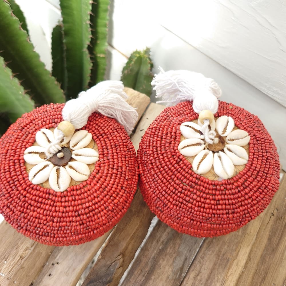 Boîte en bambou et perles, rouge D11 cm — vue 3