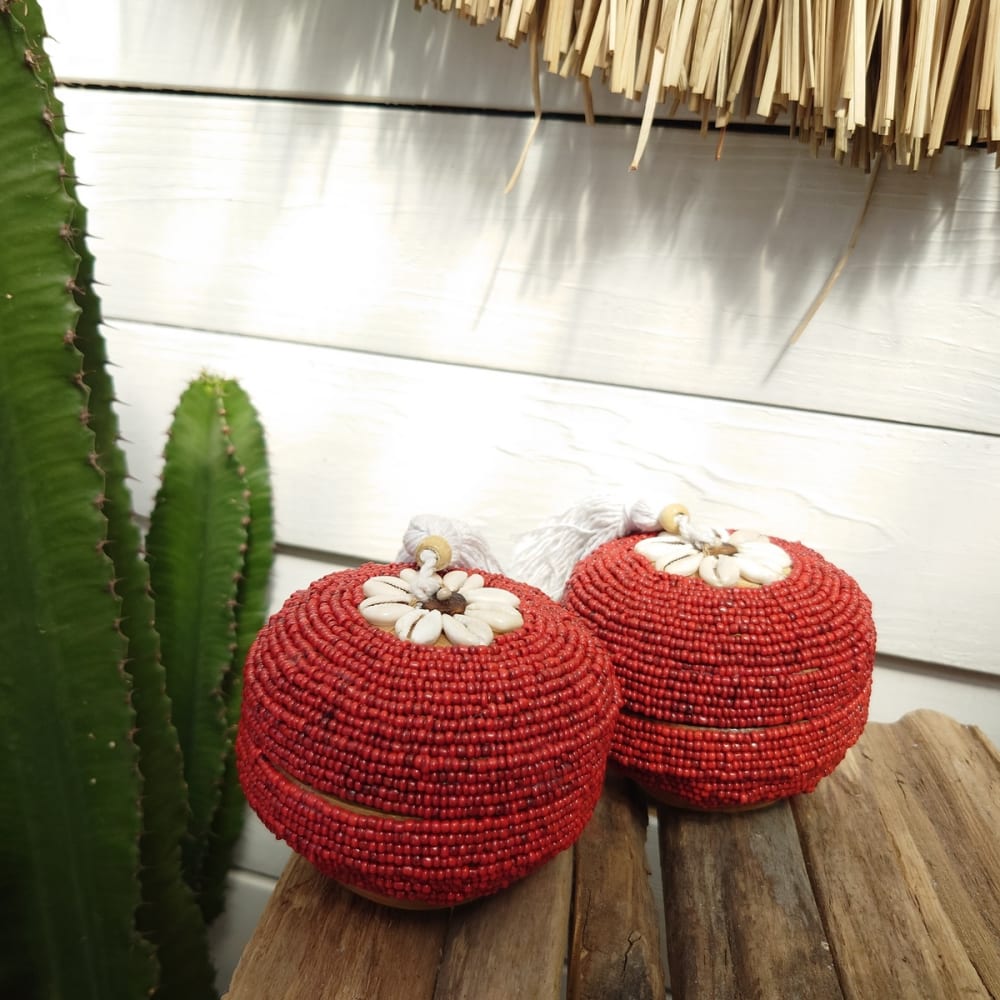 Boîte en bambou et perles, rouge D11 cm — vue 4