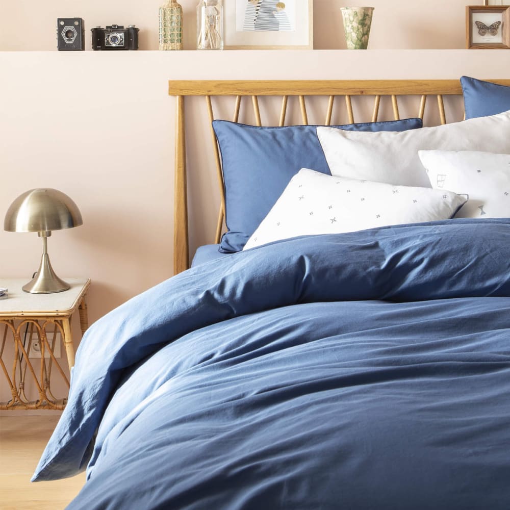 Housse de couette unie en satin de coton bleu marine 260x240