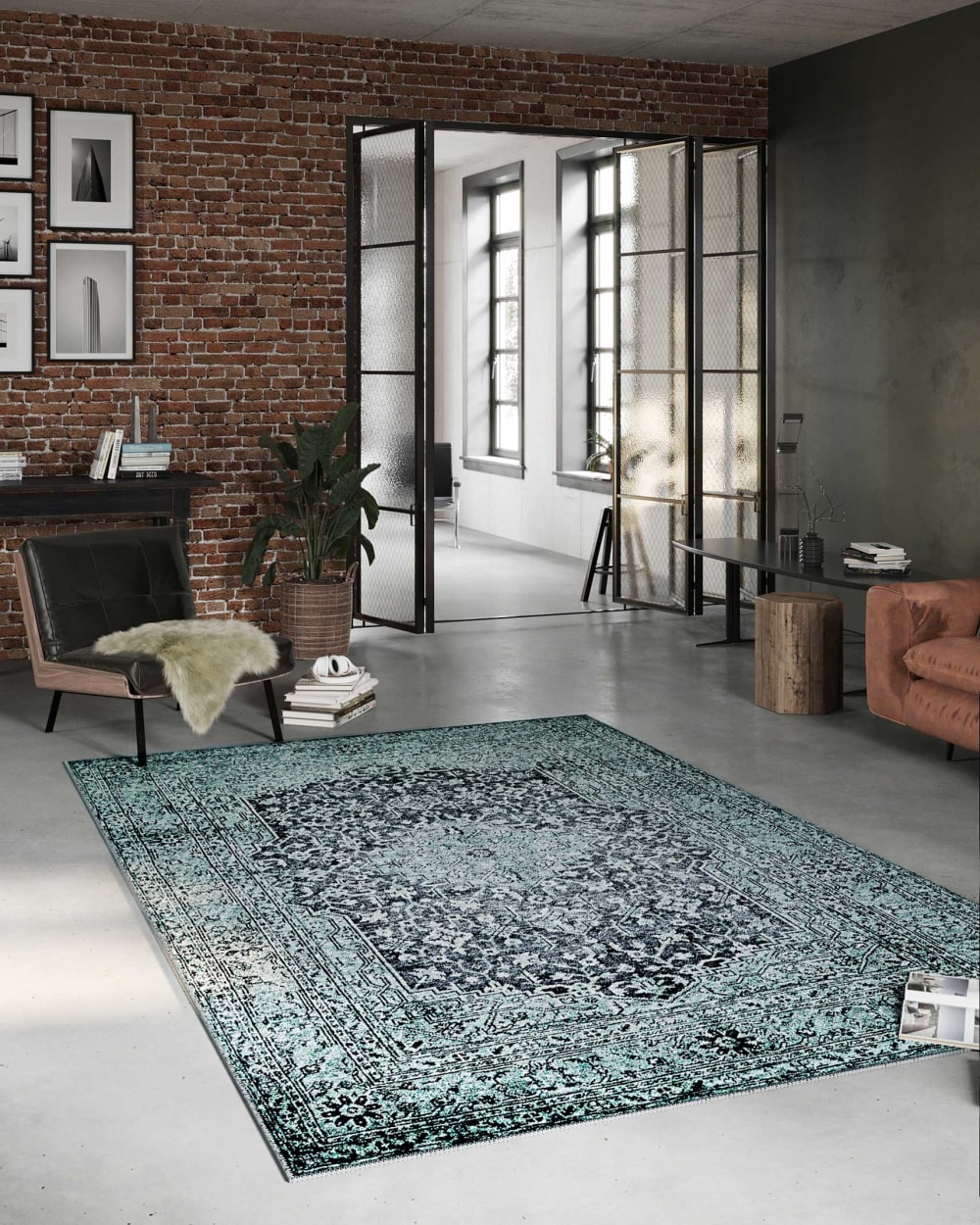 Tapis plat vintage effet usé vert et gris 200x300 — vue 3