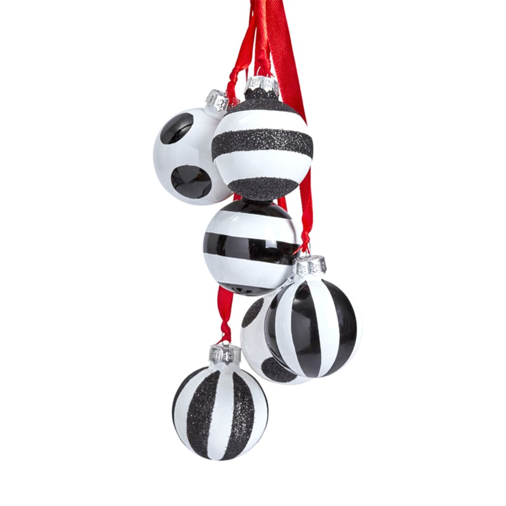 Set de 6 boules de noël décoratives à motifs en verre blanc et noir D4 Set de 6 boules de noël décoratives à motifs en verre blanc et noir D4