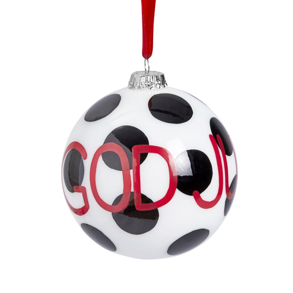Boule de noël à motif et écritures en verre blanc et rouge D8 Boule de noël à motif et écritures en verre blanc et rouge D8