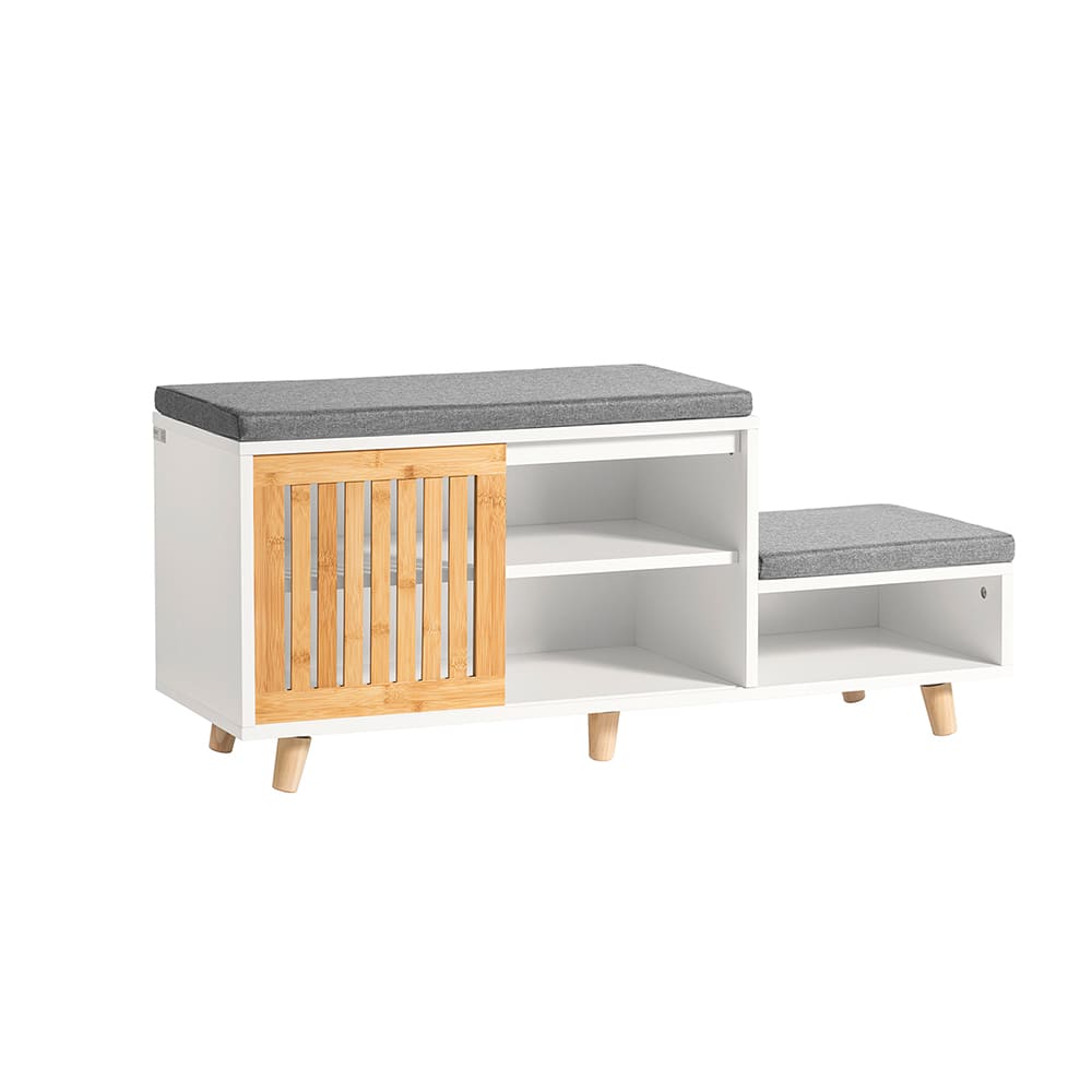 Schuhbank Mit 2 SitzfläChen Und 1 SchiebetüR MDF Bambus Weiß Natur
