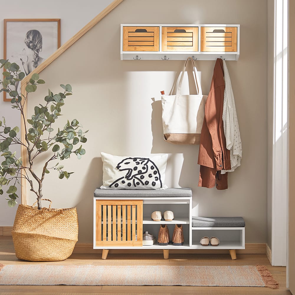 Schuhbank mit 2 Sitzflächen und 1 Schiebetür MDF Bambus Weiß