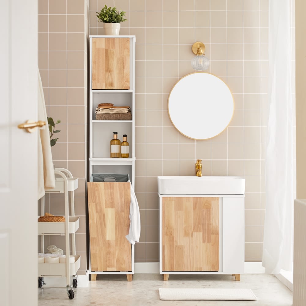 Badezimmerschrank mit ausklappbarem Wäschesacken MDF Weiß -