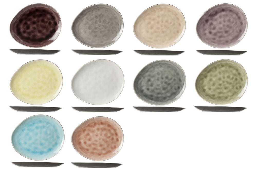 Lot de 10 Assiettes plates ovales en Grès, multicolores,19,5X16 cm