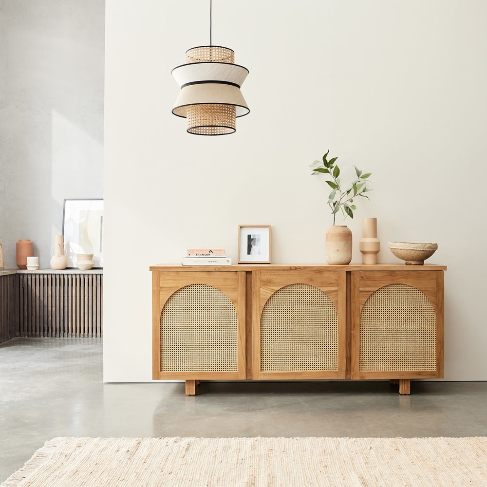 BERAH GETAH Buffet aus massivem Teakholz und Rohrgeflecht 180 cm style modern Beige