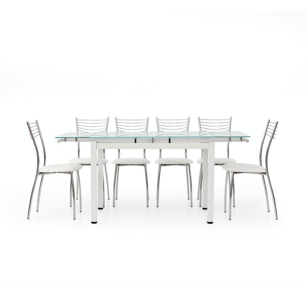 Tavolo in metallo bianco e piano in vetro bianco allungabile