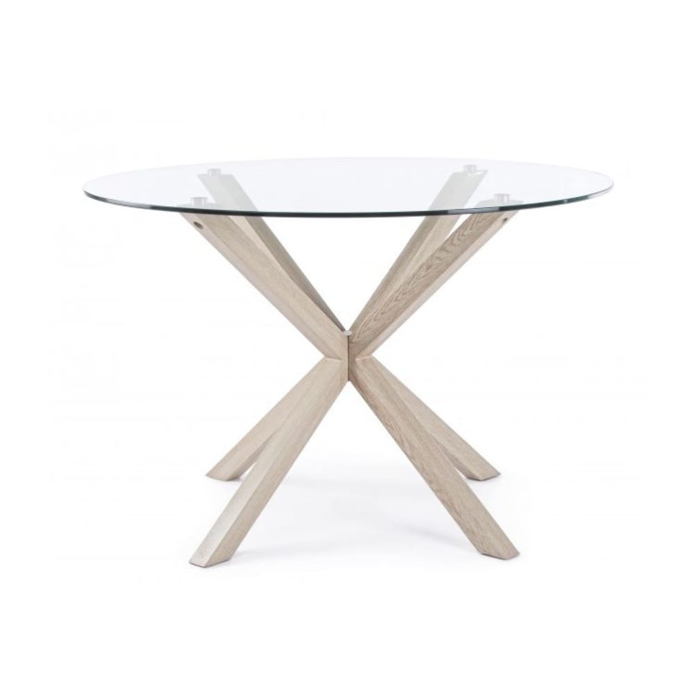 Tavolo rotondo in vetro e acciaio con gambe effetto legno d114 cm
