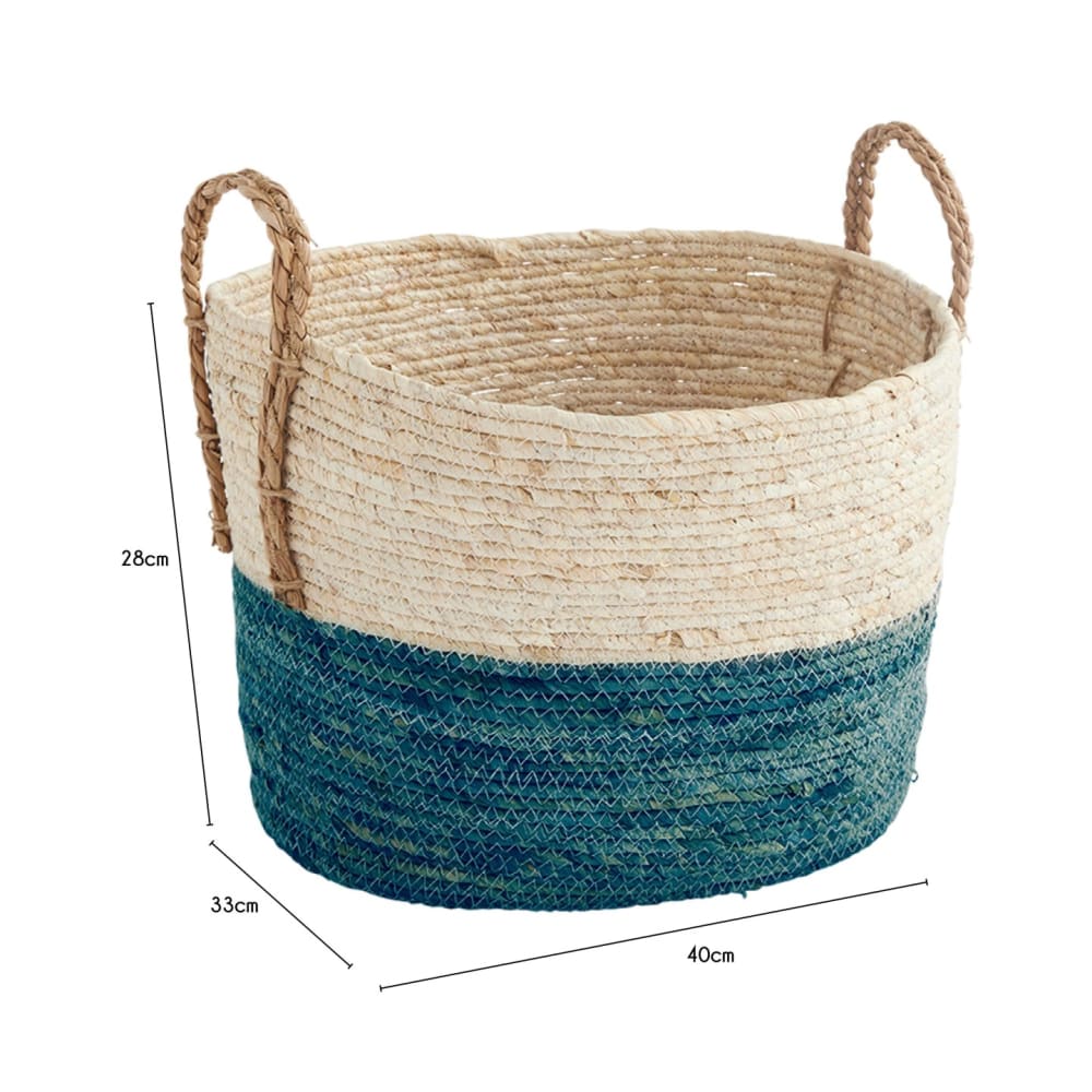 Panier de rangement paille tressée naturel et bleu 42 x 32 x 24 cm