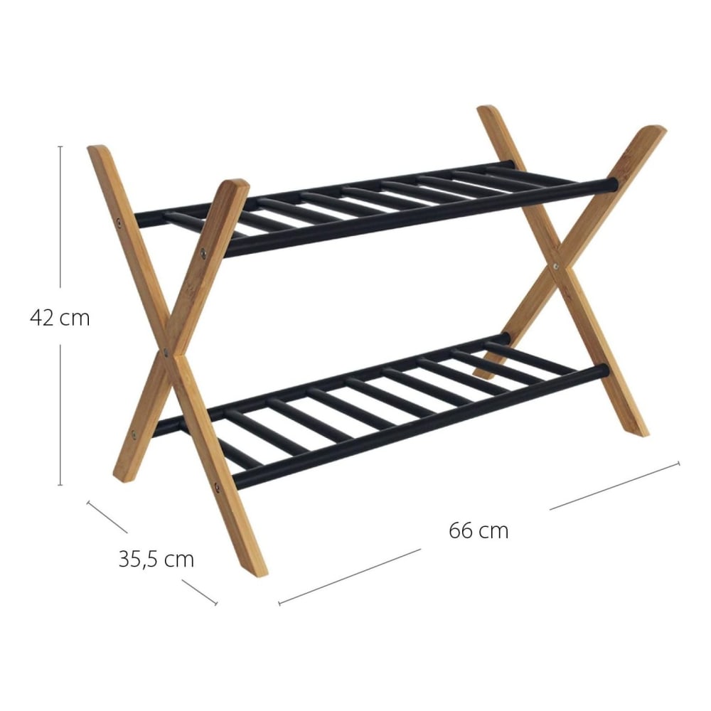 Zweistöckiges Schuhregal, Bambus und schwarzes Metall, 66x35,5x42
