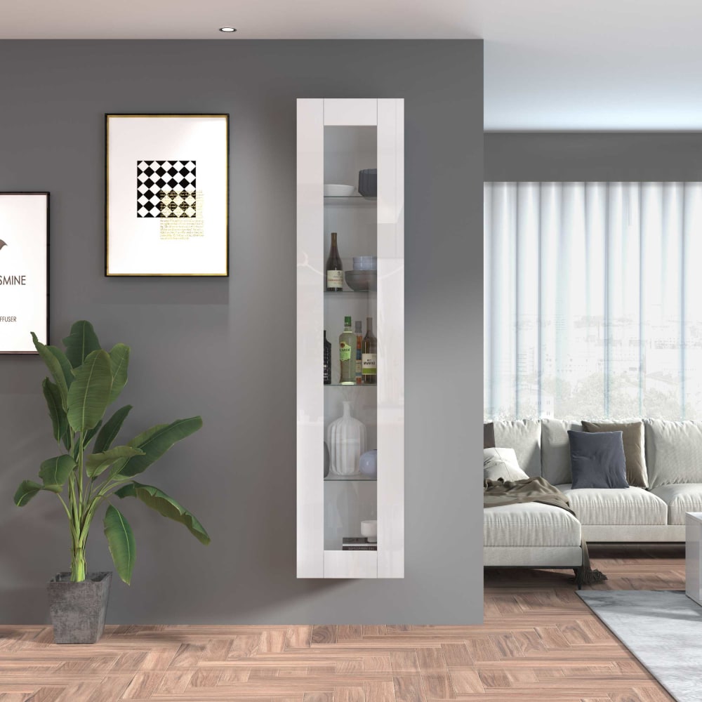 Vitrine de salon 1 porte 40 cm effet bois blanc brillant