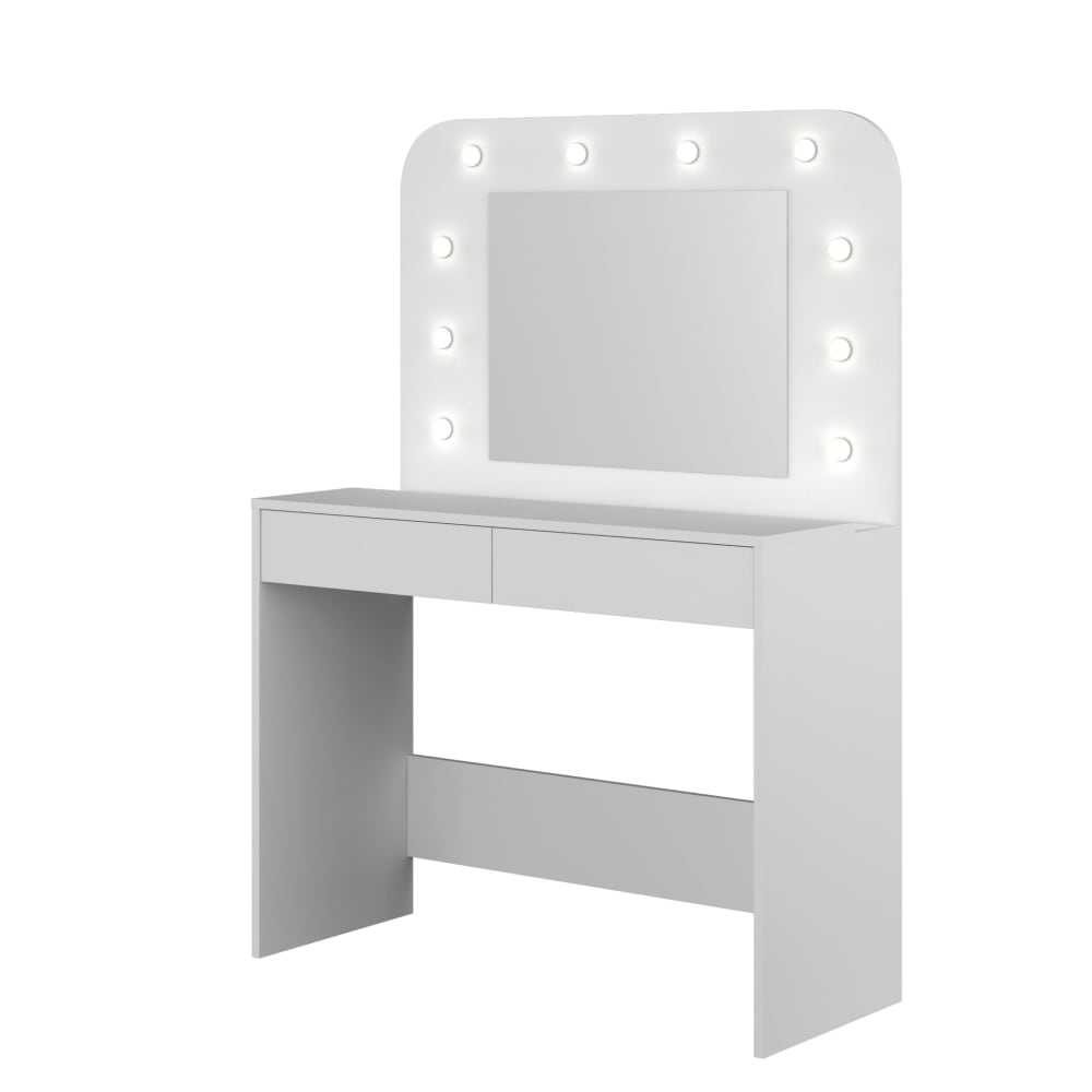 Coiffeuse effet bois avec miroir et led, coloris blanc