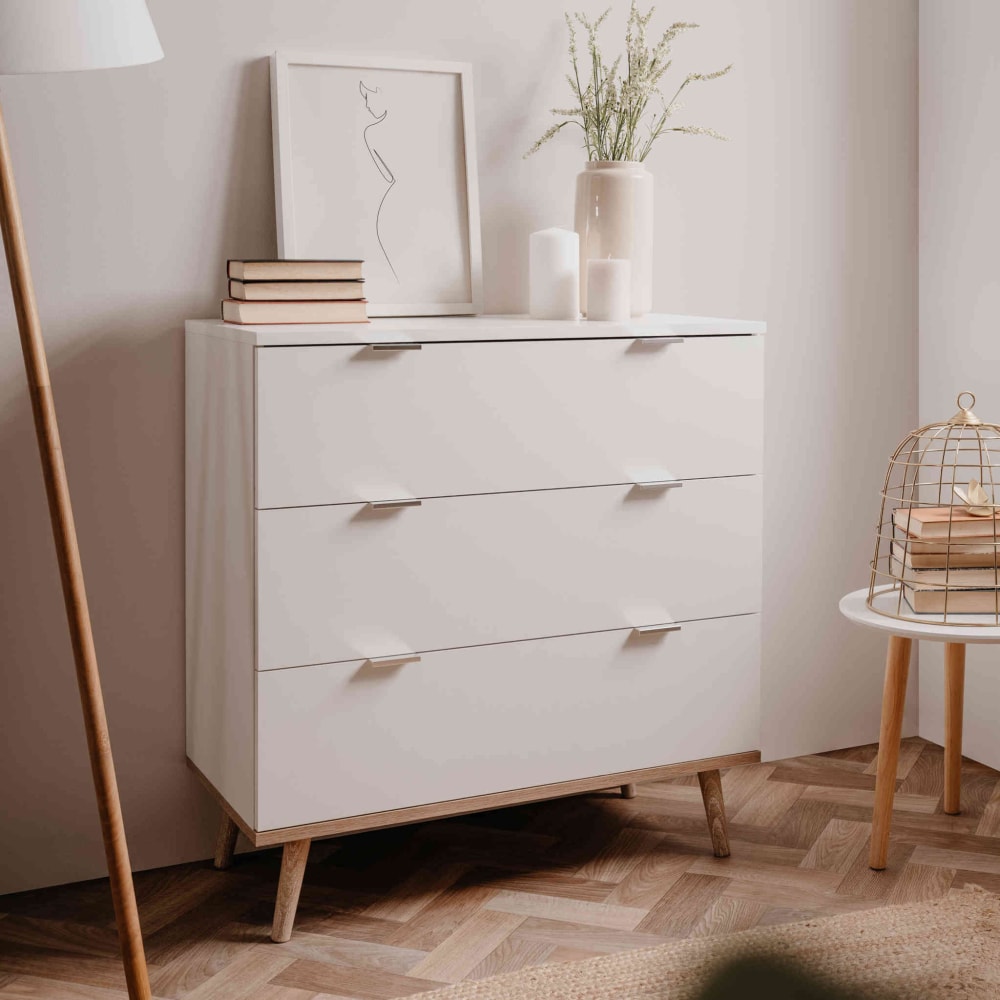 Commode effe bois blanc, 3 tiroirs avec pieds en bois massif
