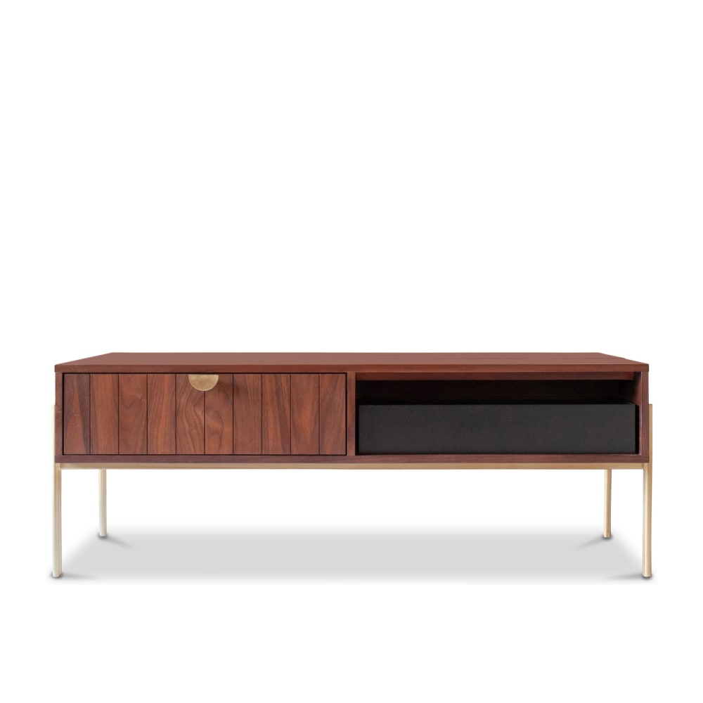 Mesa de centro elevable de madera oscura y metal dorado