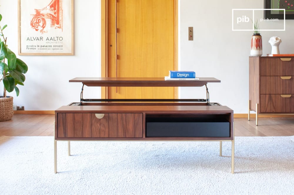Mesa de centro elevable de madera oscura y metal dorado - Maisons du Monde