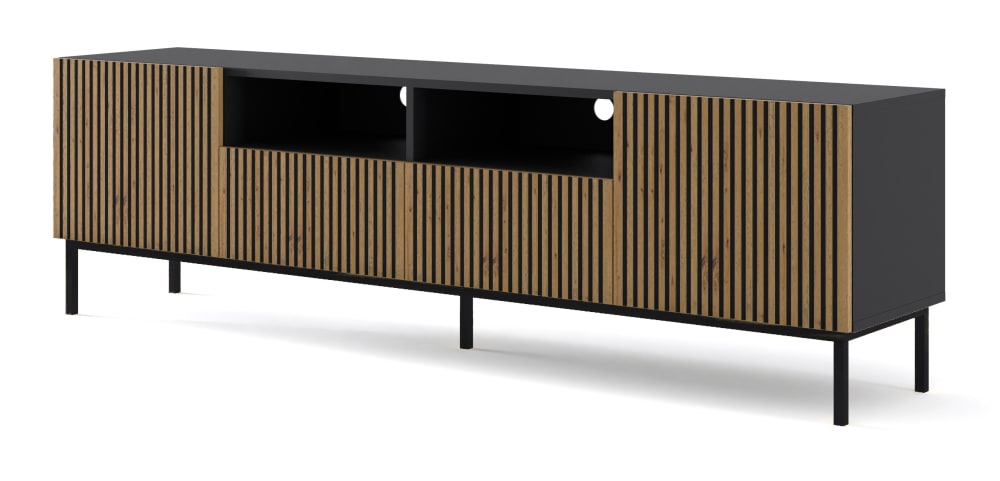 Meuble tv 2 portes 2 tiroirs 200 cm panneaux stratifiés noir Meuble tv 2 portes 2 tiroirs 200 cm panneaux stratifiés noir