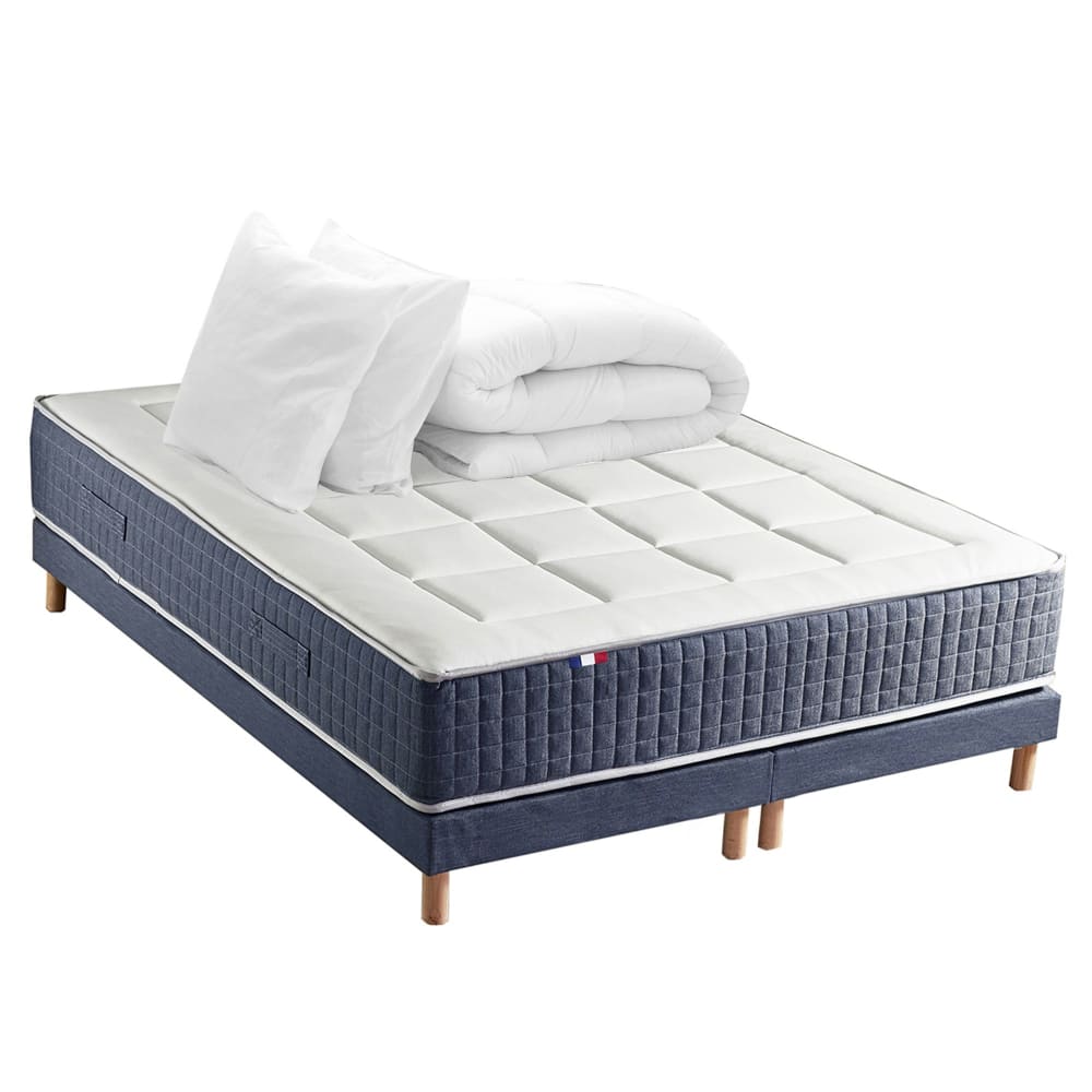 Pack matelas 7 zones sommier bleu couette oreillers 180x200