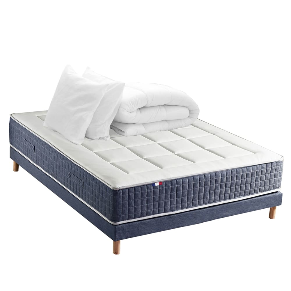 Pack matelas 7 zones sommier bleu couette oreillers 140x190