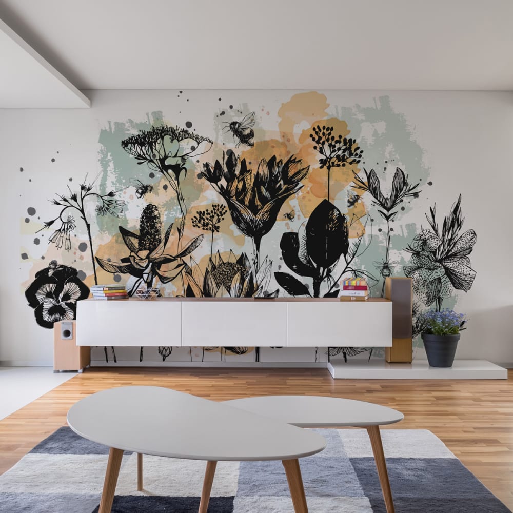 Papel pintado panoramico gráfico de patrón floral, colores 1