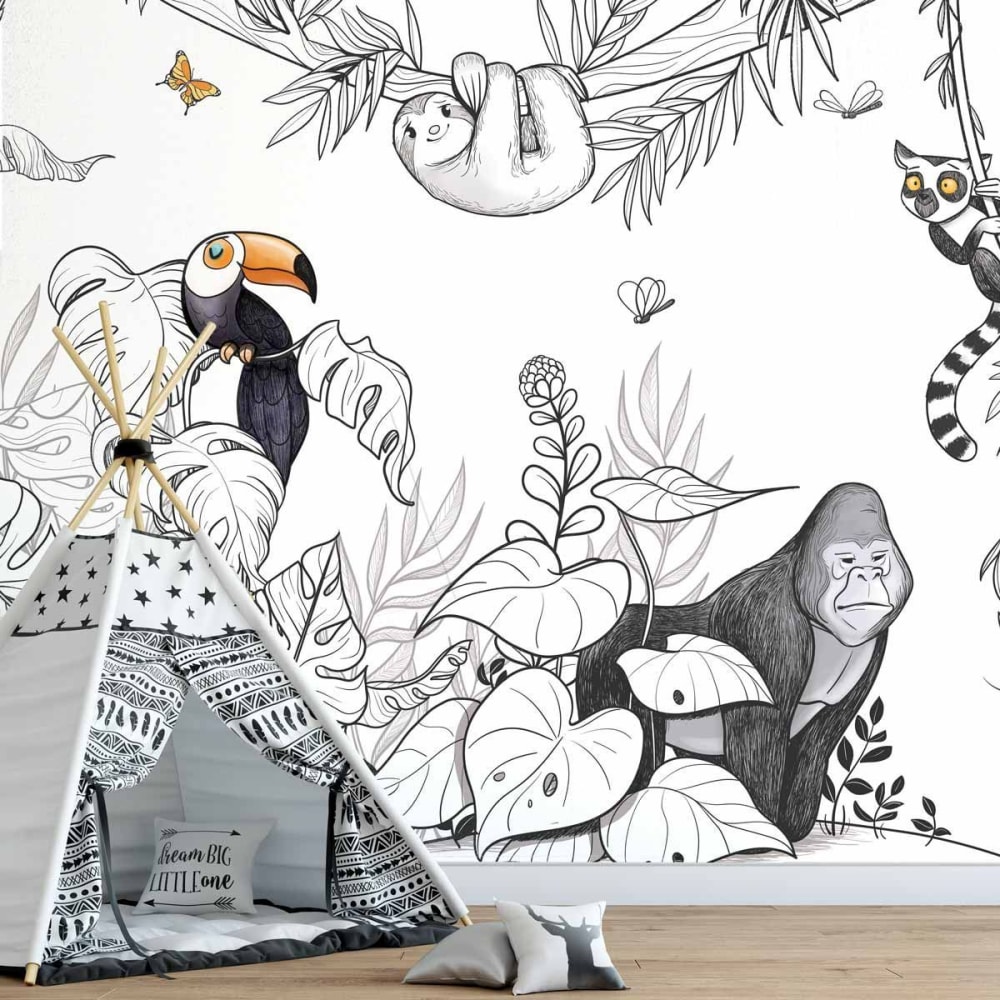 Acte Deco Panorama-Vliestapete bunte Dschungeltiere, Farben 150 x 250c style modern MEHRFARBIG Öko-Tex Zertifikat PAPIER Kinder