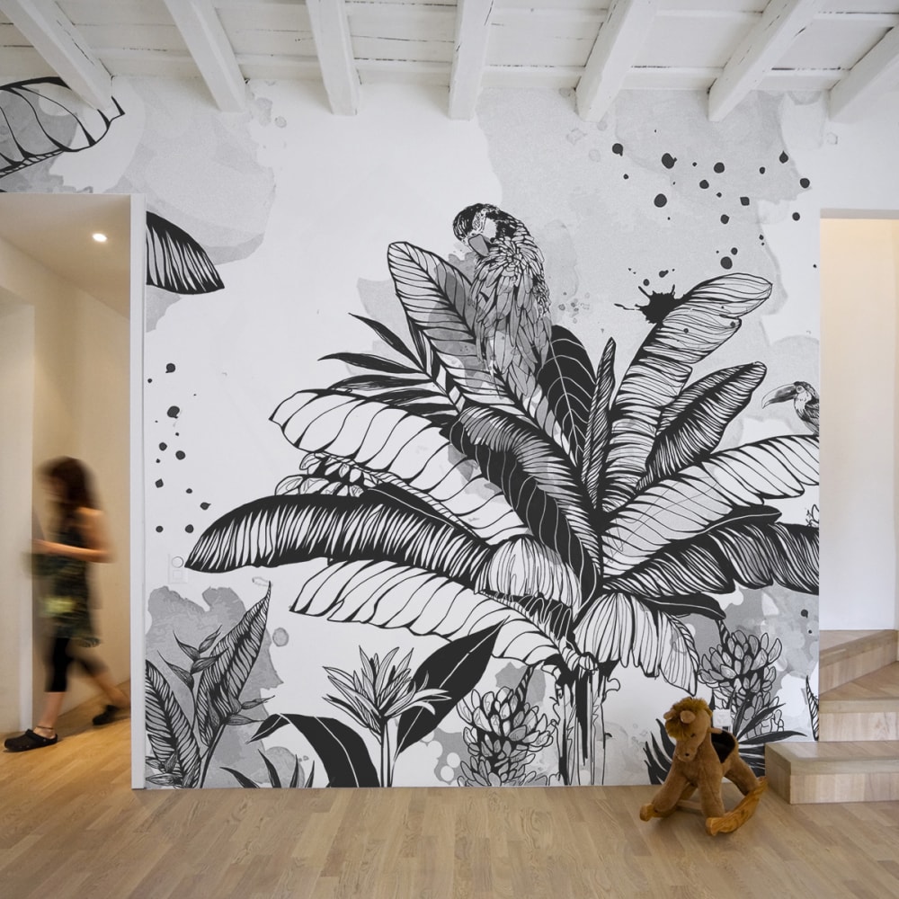 Acte Deco Panorama-Vliestapete Papagei-Dschungel, Schwarz und weiß 300 style exotic Schwarz Öko-Tex Zertifikat Papier