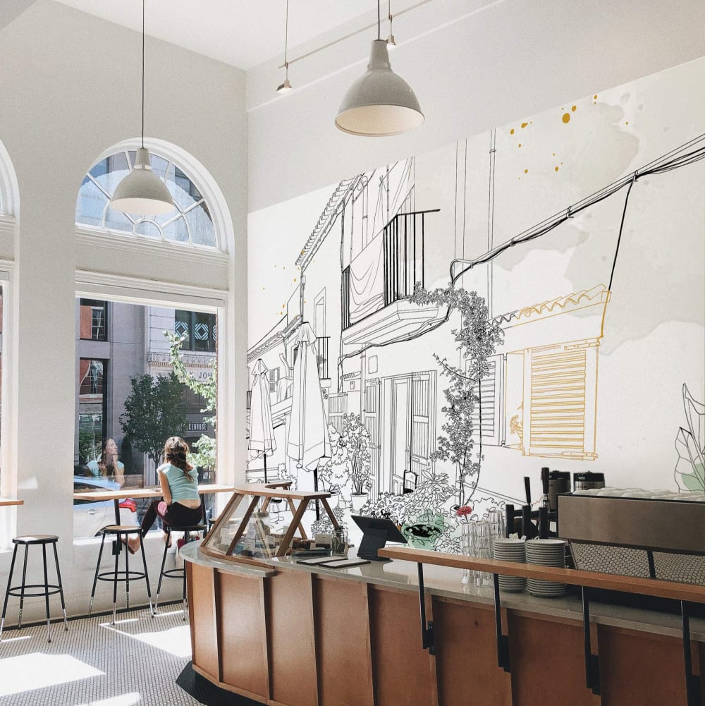 Papel pintado panorámico plaza de pueblo francés, verde 525