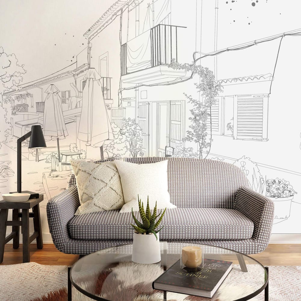Carta da parati panoramica piazza di villaggio francese, gri - Modello Contemporaneo - Öko-Tex Zertifikat - Carta