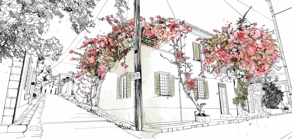 Papier peint village en fleurs, rose 375 x 250cm — vue 3