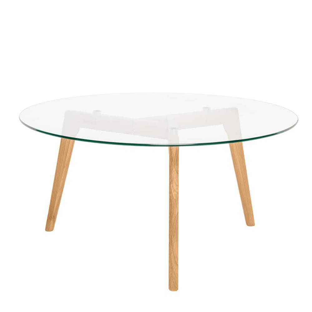 Koketto Home Couchtisch mit Eichenholzbeinen und Glasplatte 90 cm. Transparent Kristall