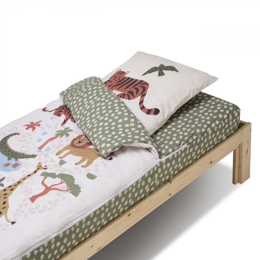 Parure de lit enfant sans couette motif jungle 90x190cm (Bleu Câlin) - Image 1