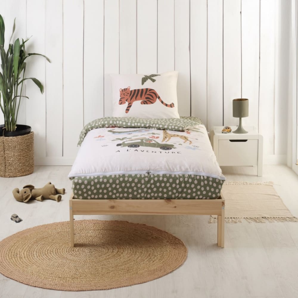 Parure de lit enfant avec couette motif jungle 90x190cm (Bleu Câlin) - Image 1