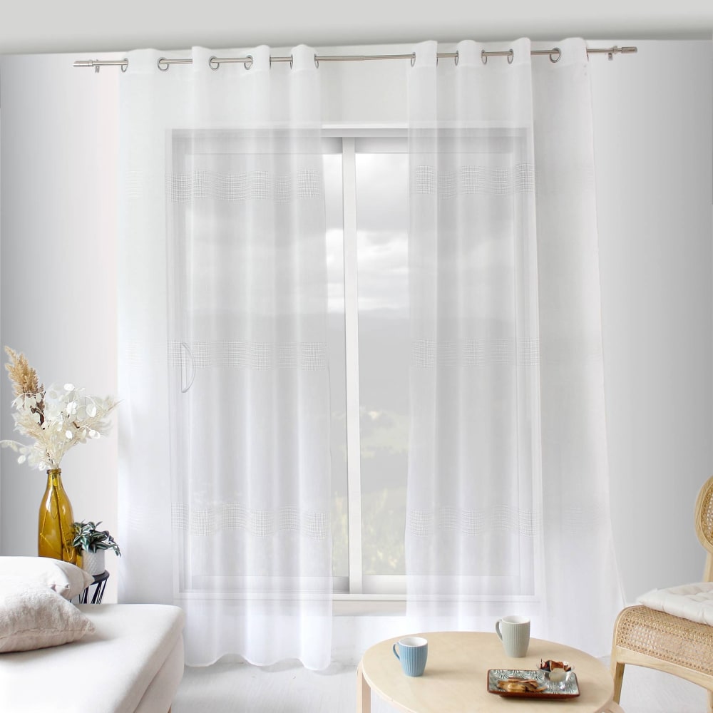 Voilage bohème à bandes ajourées polyester blanc 140x240 cm