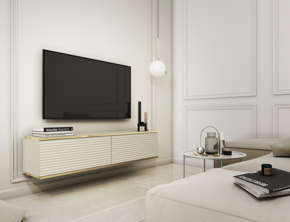 Meuble TV effet bois Crème et Doré