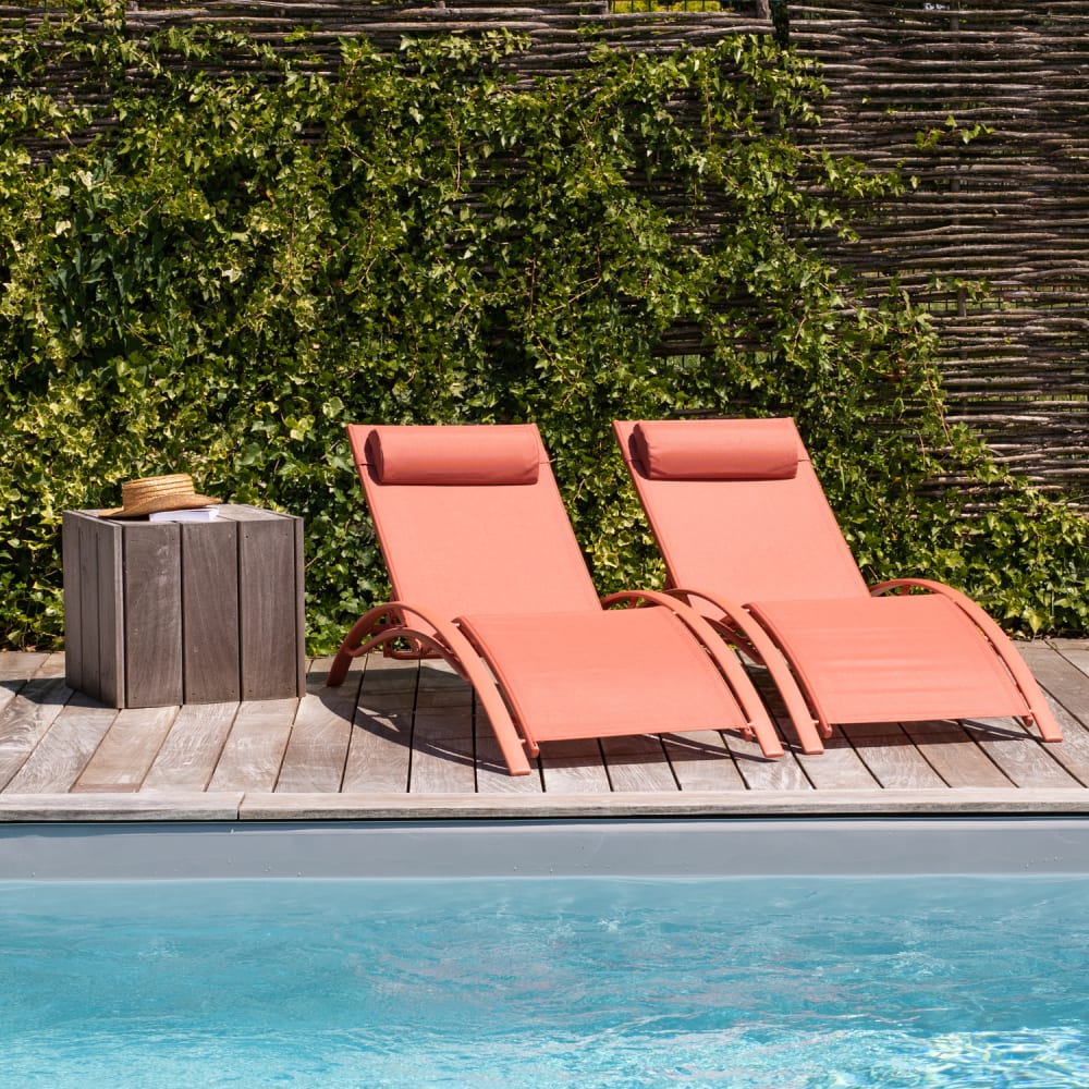 Lot de 2 transat en textilène terracotta et structure terracotta