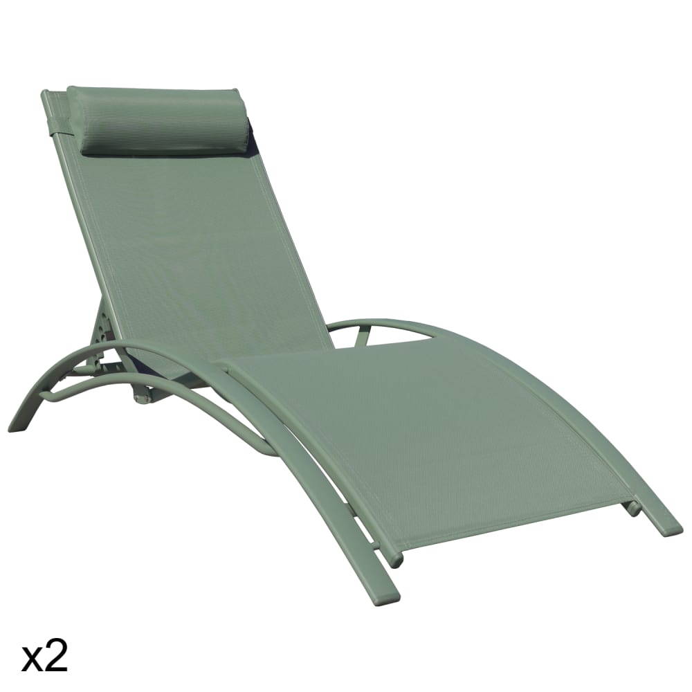Lot de 2 transat en textilène vert sauge et structure vert sauge