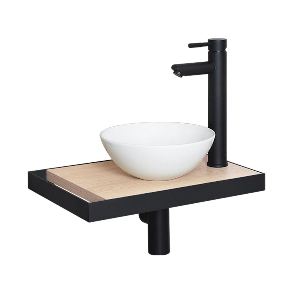 Meuble lave-mains plan fin p-serviette côté vasque blanche + robinet