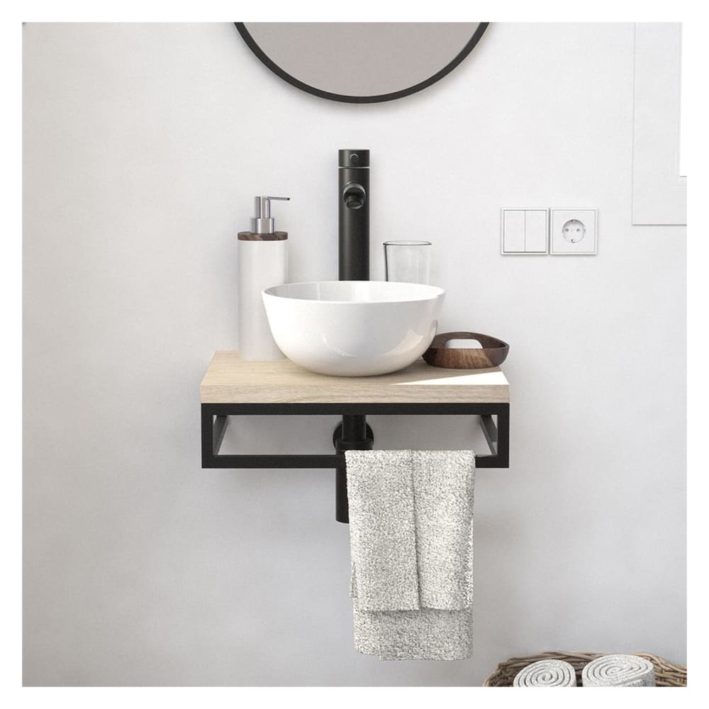 Meuble lave-mains  plan fin et porte serviette dessous vasque blanche