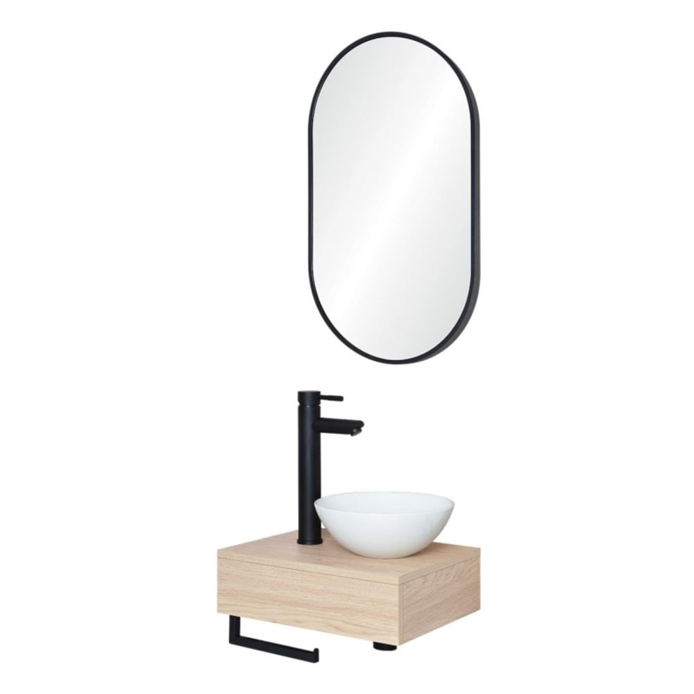 Meuble lave-mains plan épais vasque blanche + robinet + miroir - Maisons du Monde