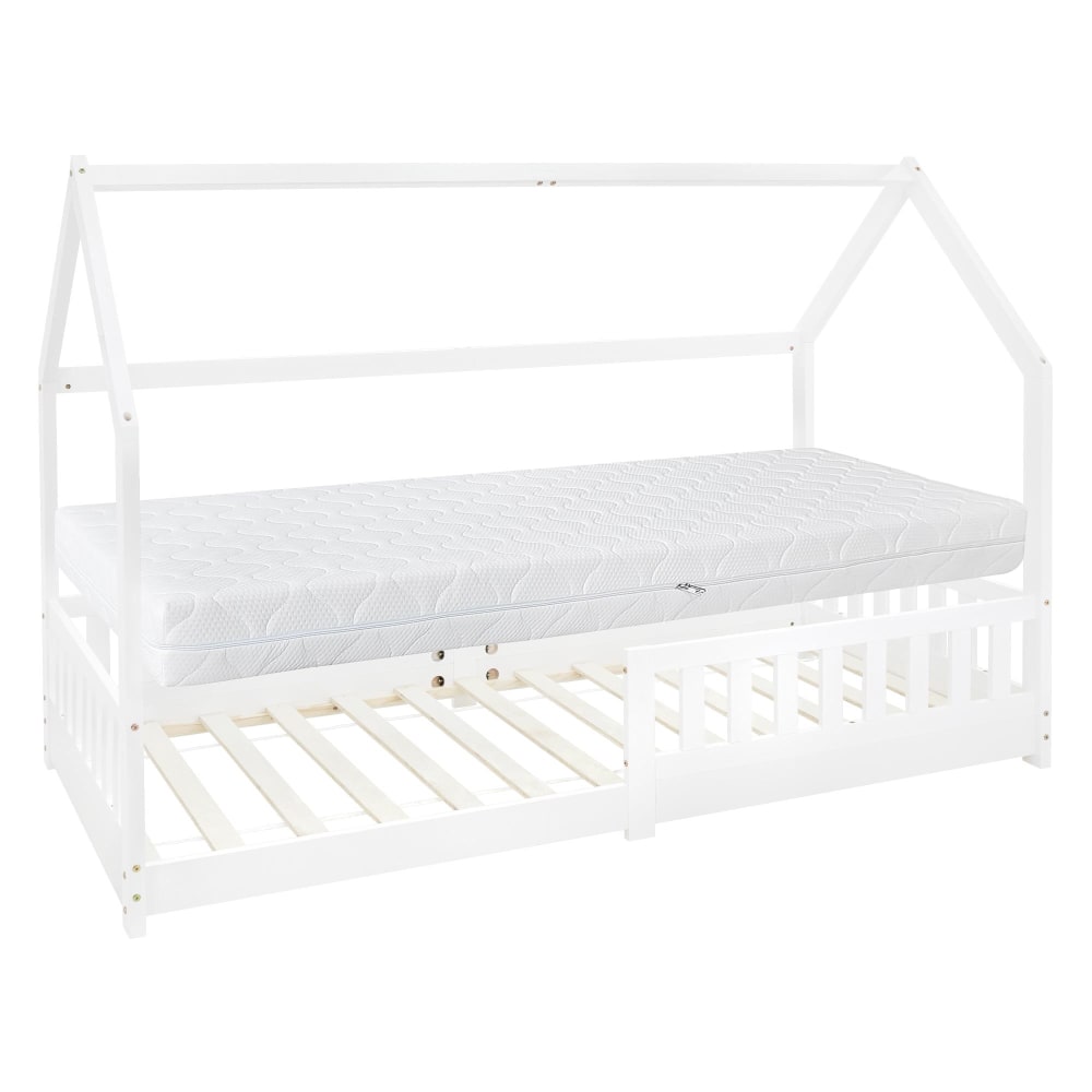 Lit cabane enfant 90x200 cm matelas et barrière inclus bois blanc