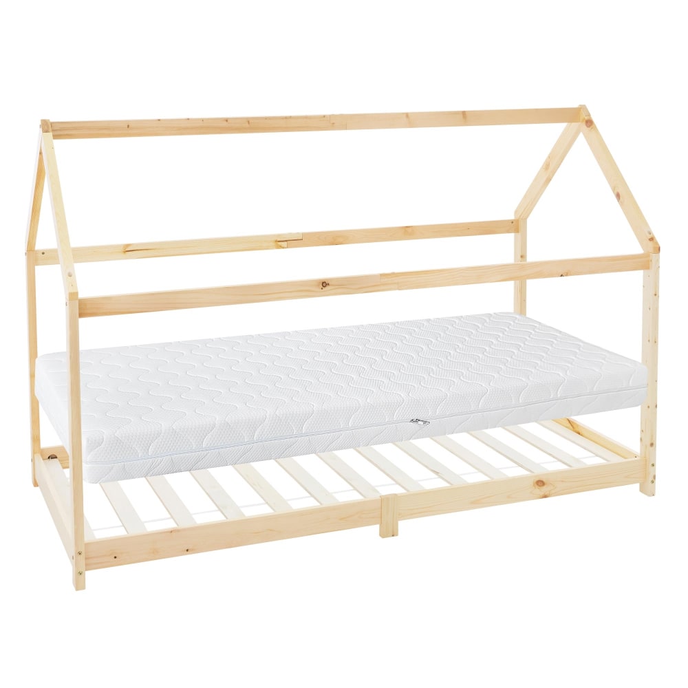 Lit cabane enfant 90x200 cm matelas et sommier inclus bois beige