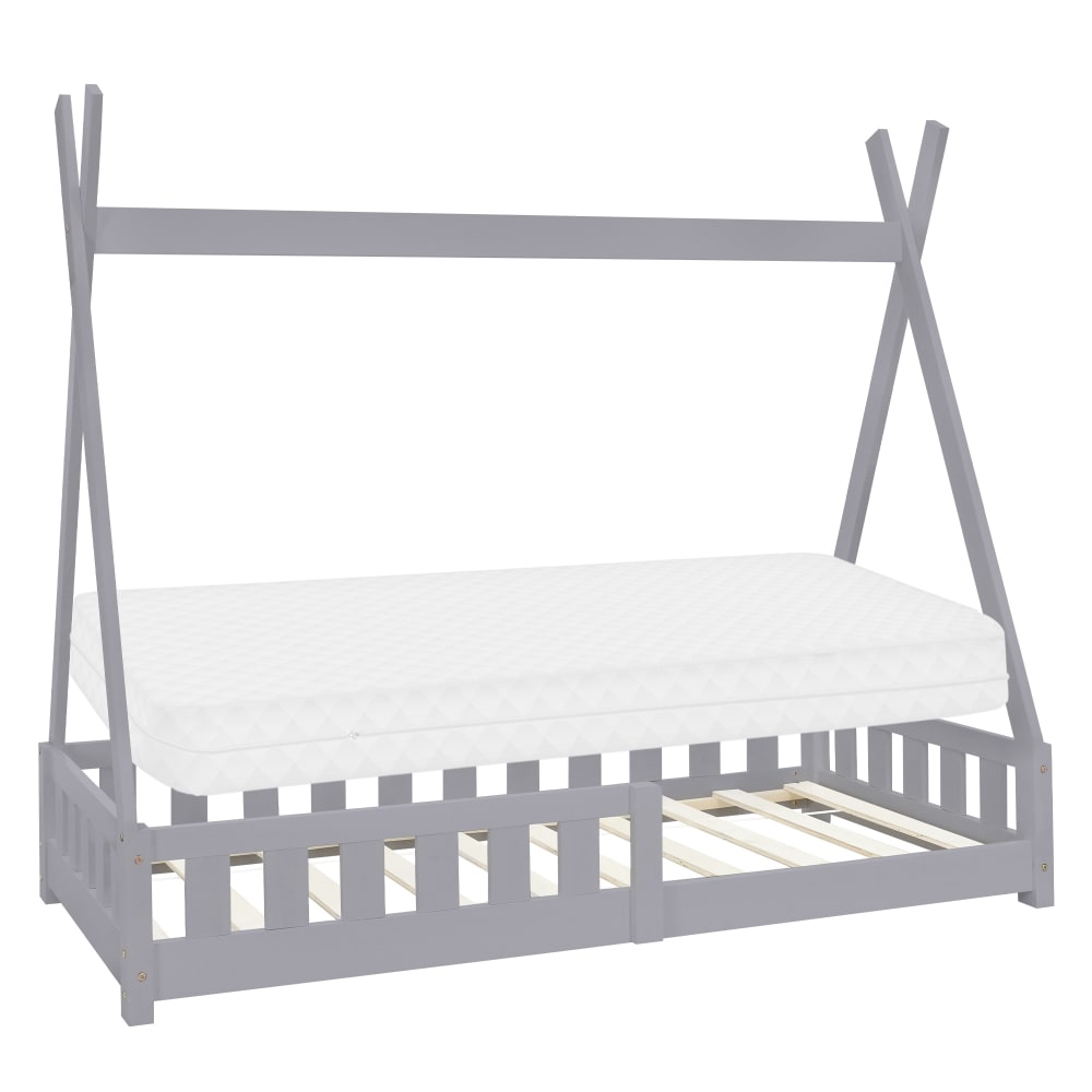 Lit tipi enfant 80x160cm sommier matelas et barrière inclus gris clair