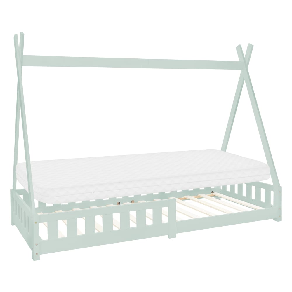 Lit tipi enfant 90x200 cm sommier matelas et barrière inclus menthe