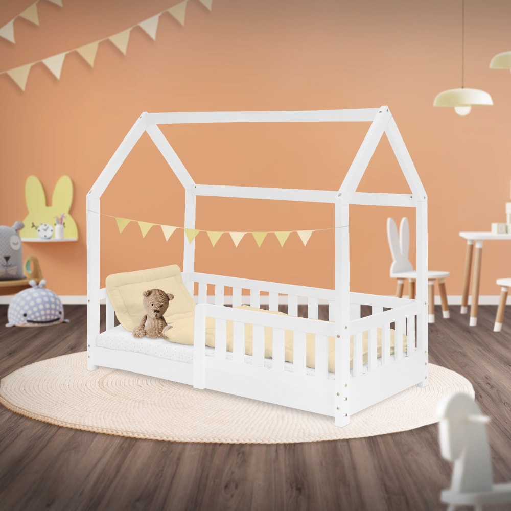 Lit cabane enfant 70x140 cm sommier et barrière inclus bois blanc
