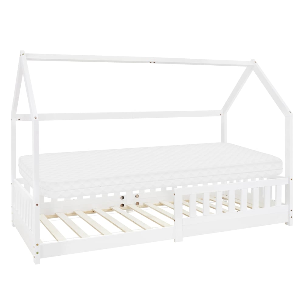 Lit cabane enfant 90x200 cm matelas et barrière inclus bois blanc