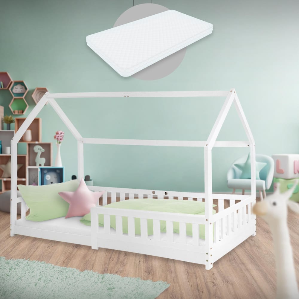 Lit cabane enfant 90x200 cm matelas et barrière inclus bois blanc
