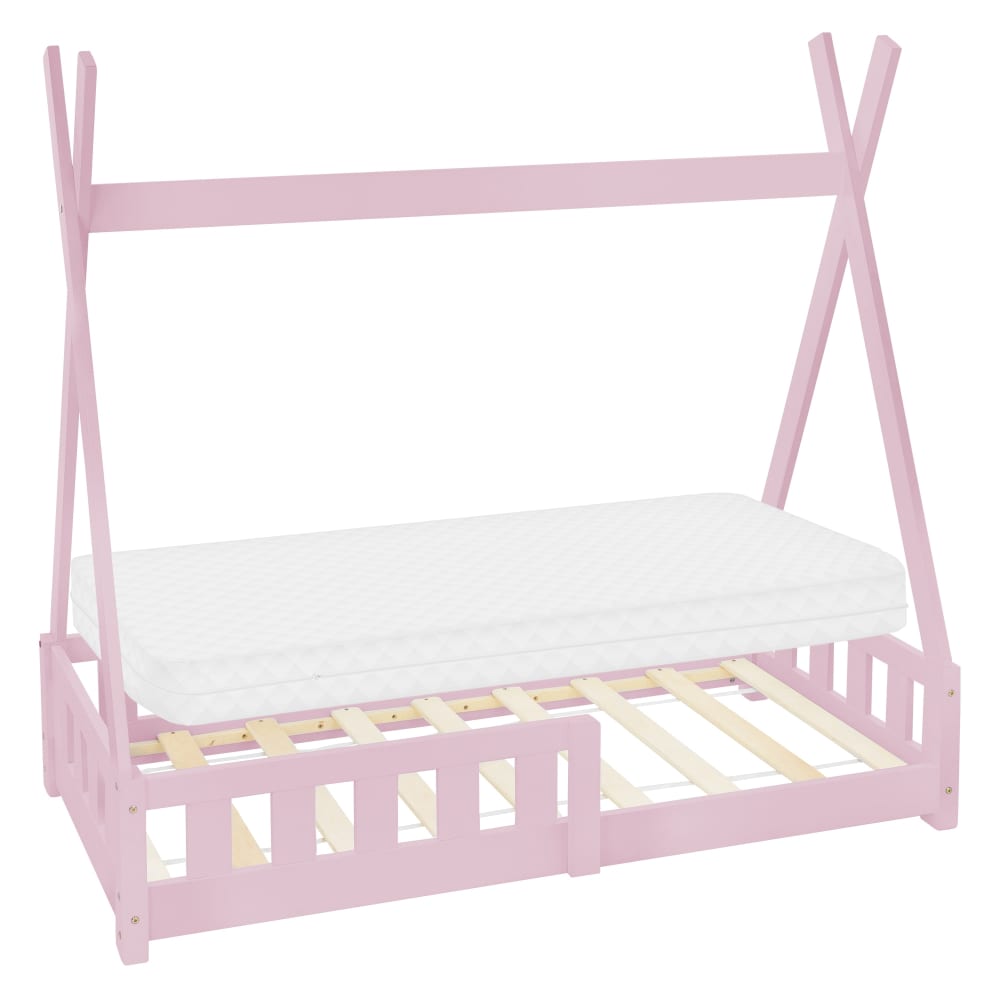 Lit tipi enfant 70x140 cm sommier matelas et barrière inclus bois rose