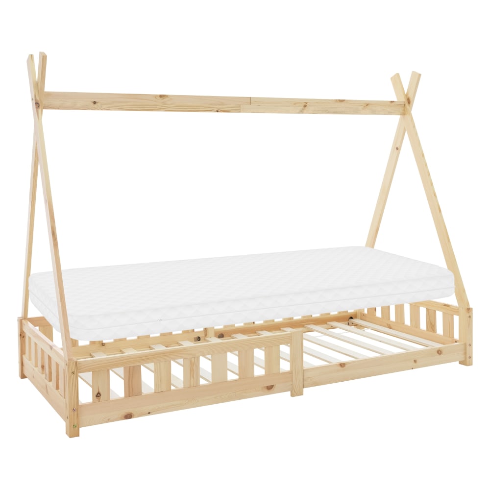 Lit tipi enfant 90x200 cm sommier matelas et barrière inclus beige