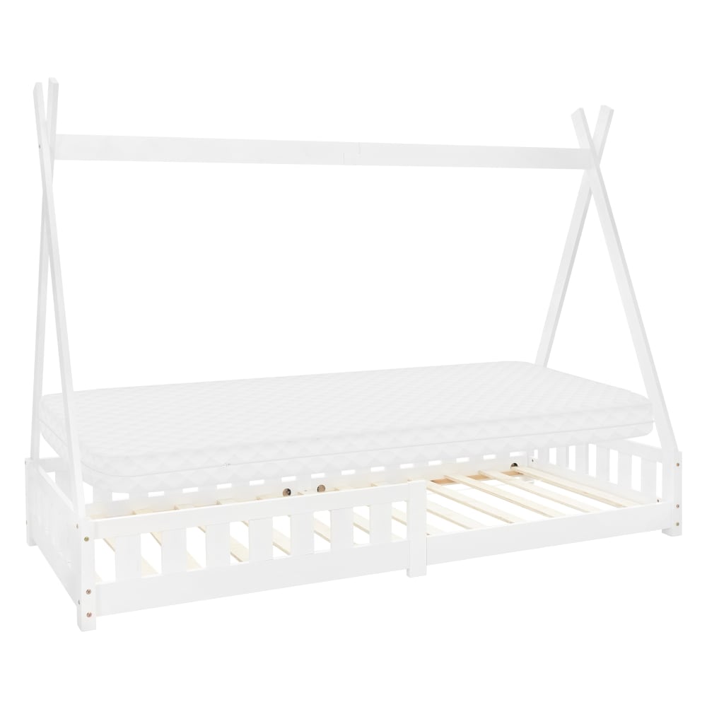 ML-Design Kinderbett Tipi + Matratze 90x200 cm Weiß Rausfallschutz Kiefernholz Weiß Öko-Tex Zertifikat Baby