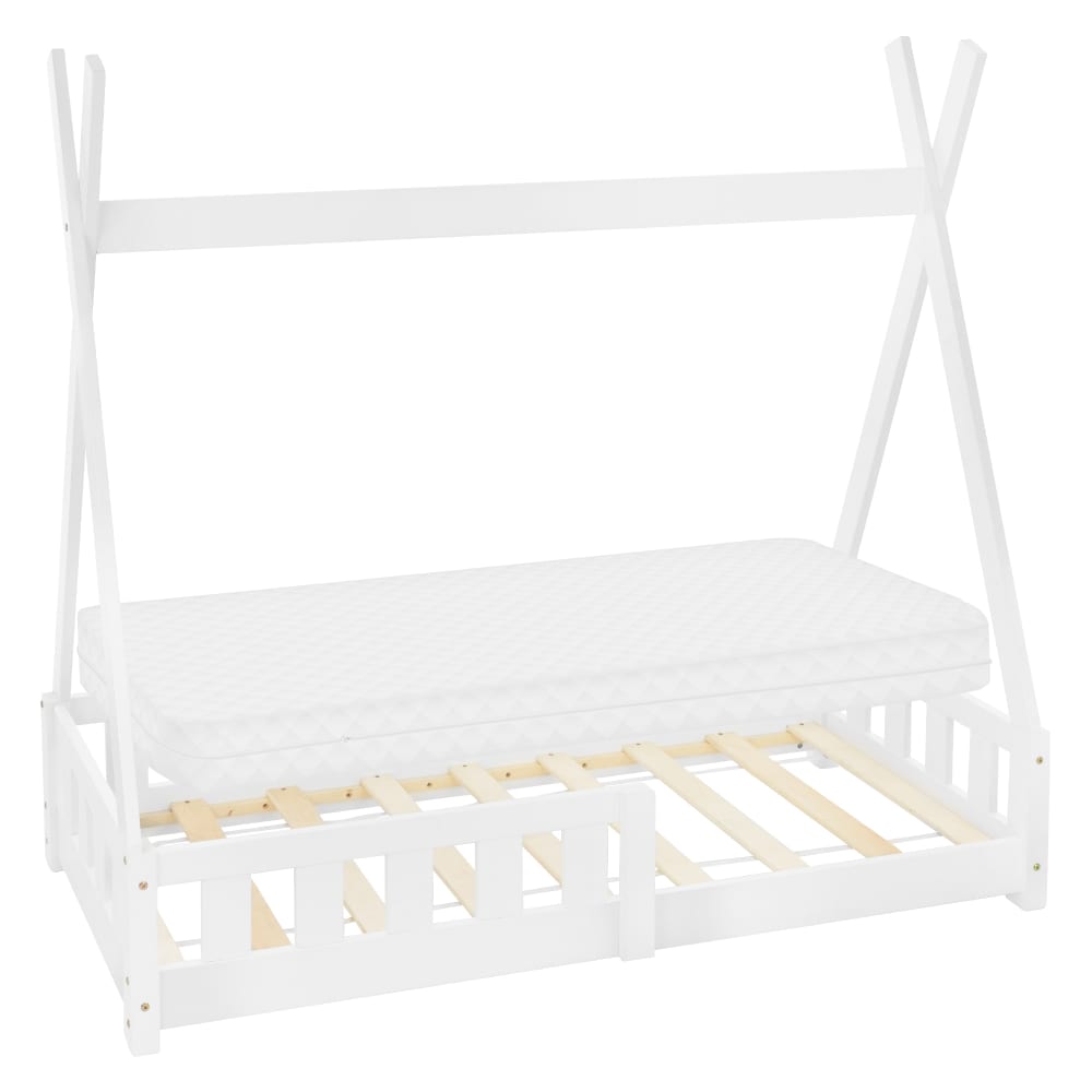Lit tipi enfant 70x140 cm sommier matelas et barrière inclus blanc